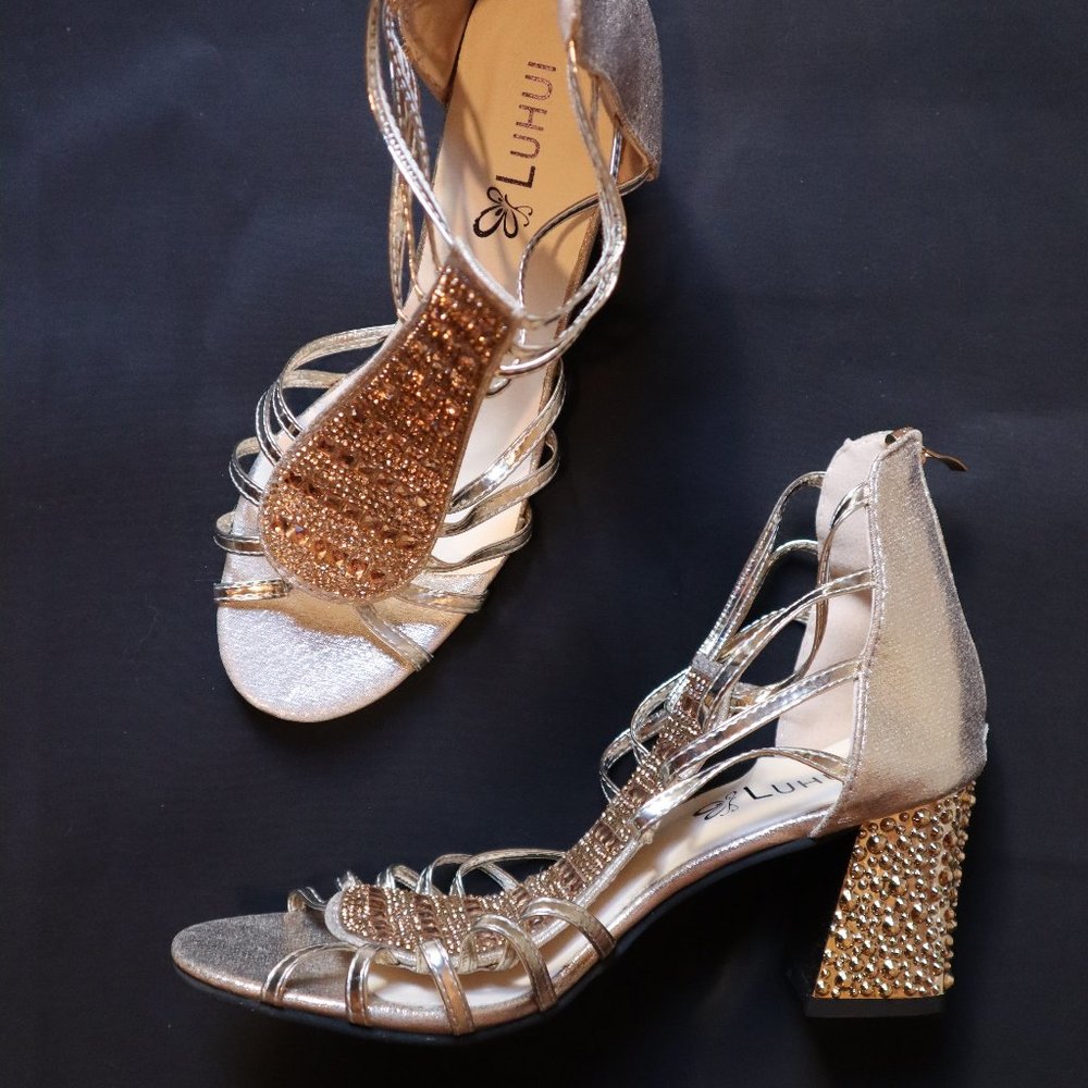 Luhui Gold Champagne Embellished Dressy Zip Up Red Bottom Sandals size 8/ 39